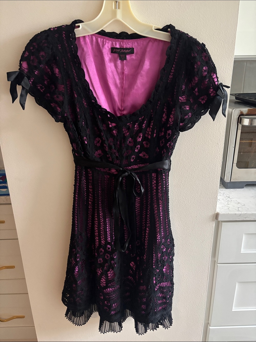 Betsey Johnson Black Crochet Overlay Dress with Bright Pink Lining